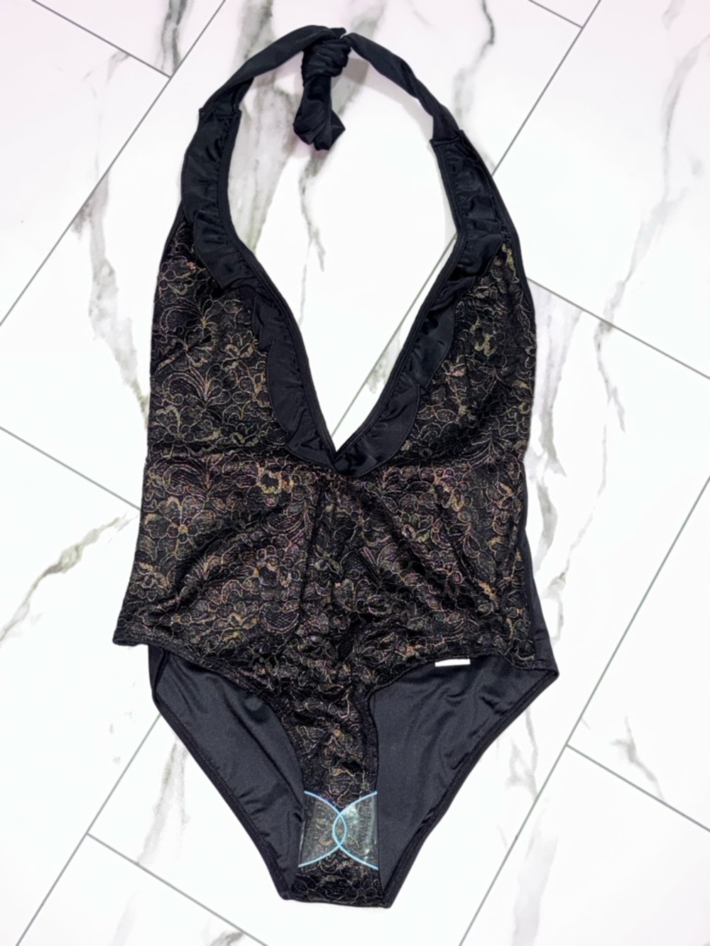Black Halter One-Piece Swimsuit with Metallic Lace Overlay